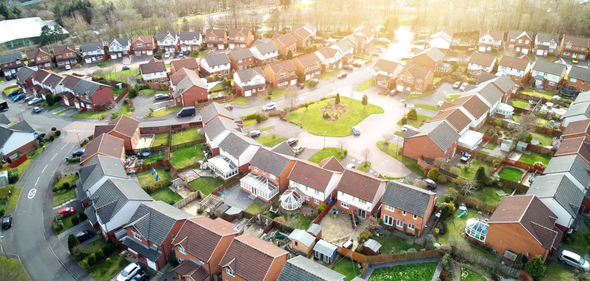 Aerial,Drone,Sunrise,View,Of,Suburban,Houses,In,Edinburgh,,Scotland,